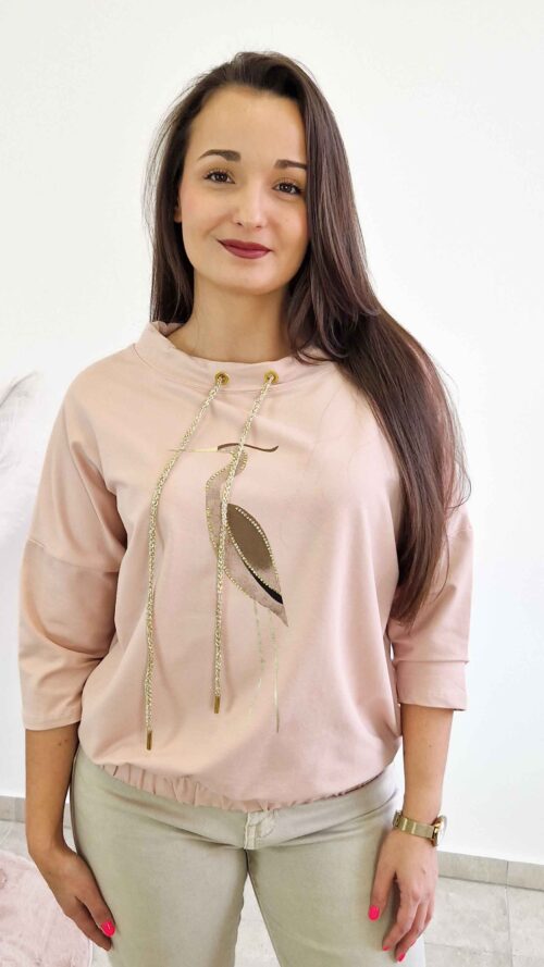 Bluzka Damska z Czaplą Rękaw 3/4 Pudrowo Różowa