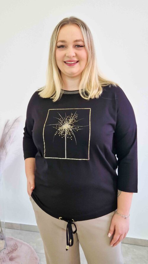 Bluzka Damska z Dmuchawcem Rękaw 3/4 Czarna