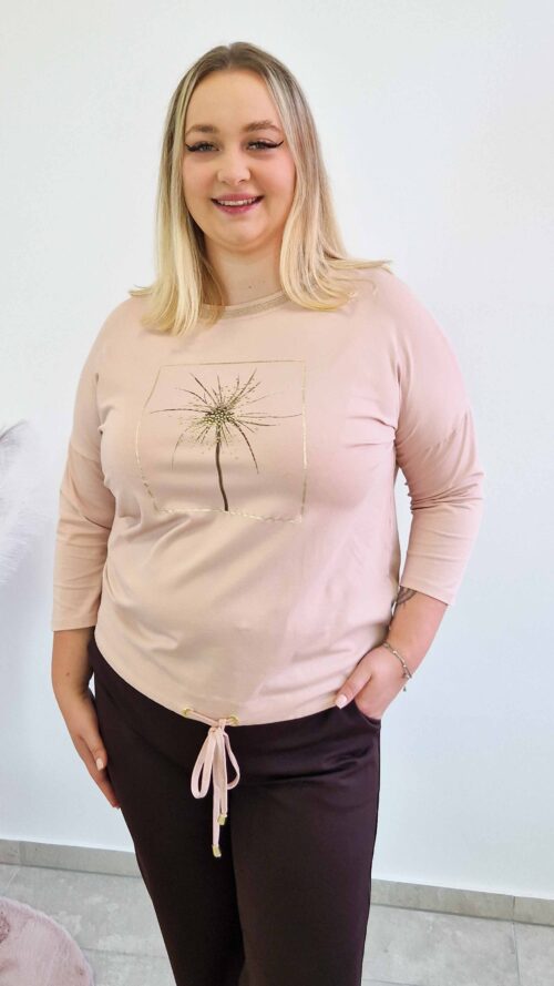 Bluzka Damska z Dmuchawcem Rękaw 3/4 Pudrowy Róż