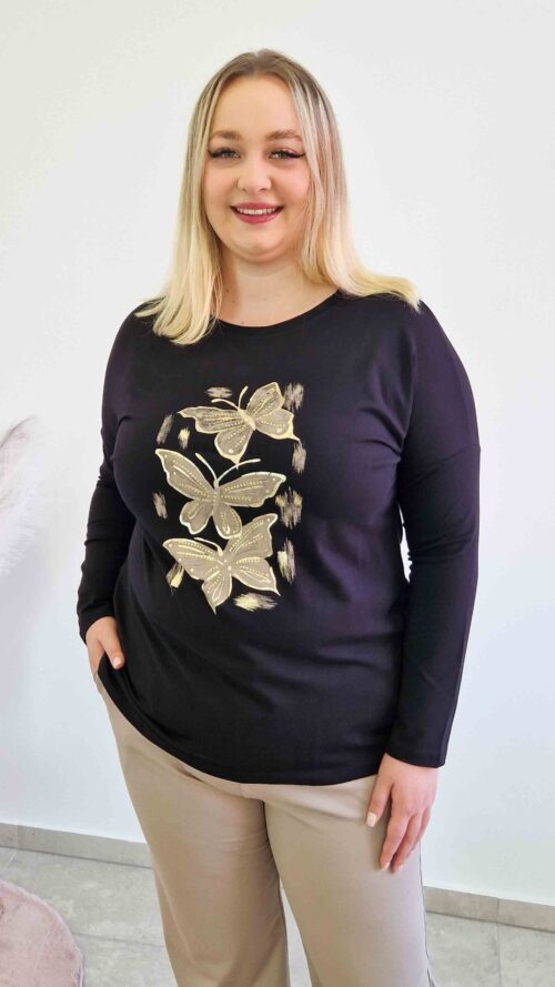 Bluzka Damska z Motylkami Długi Rękaw Czarny