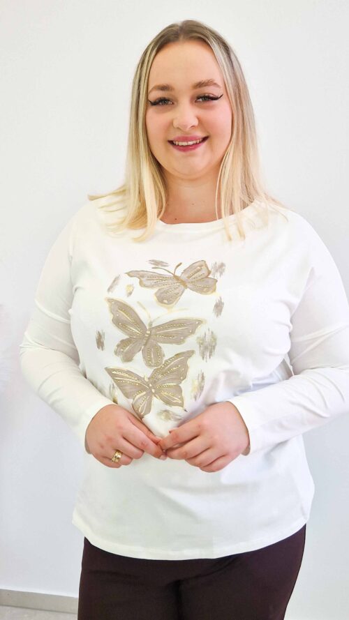 Bluzka Damska z Motylkami Długi Rękaw Kremowy
