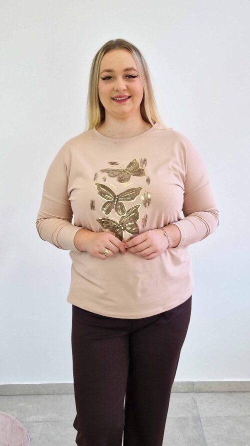 Bluzka Damska z Motylkami Długi Rękaw Pudrowy Róż