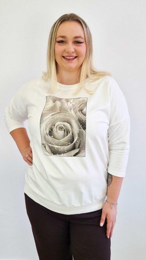 Bluzka Damska z Różą Rękaw 3/4 Kremowy