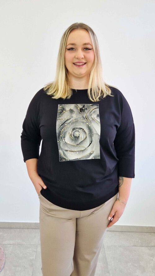 Bluzka Damska z Różą Rękaw 3/4 Czarna