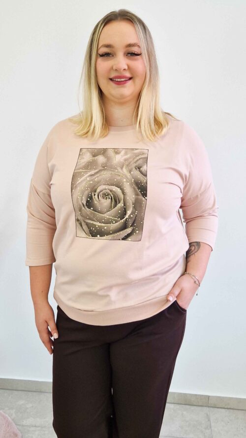 Bluzka Damska z Różą Rękaw 3/4 Pudrowy Róż