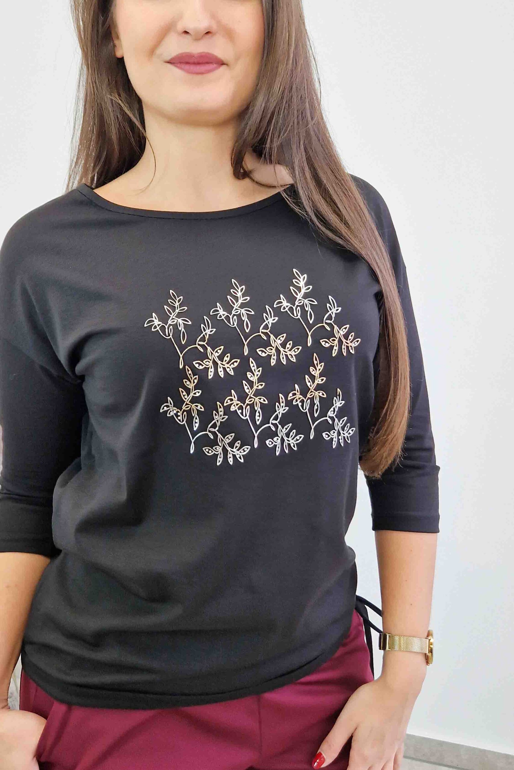 Bluzka Latynka w Kwiaty i Wiązaniem z Boku Czarna - obrazek 3