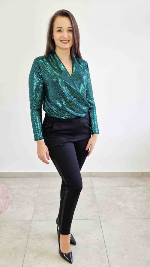 Cekinowe Body Damskie z Kopertowym Dekoltem Butelkowo Zielone