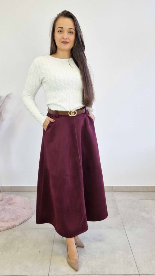 Długa Spódnica Maxi z Zamszu Bordowa