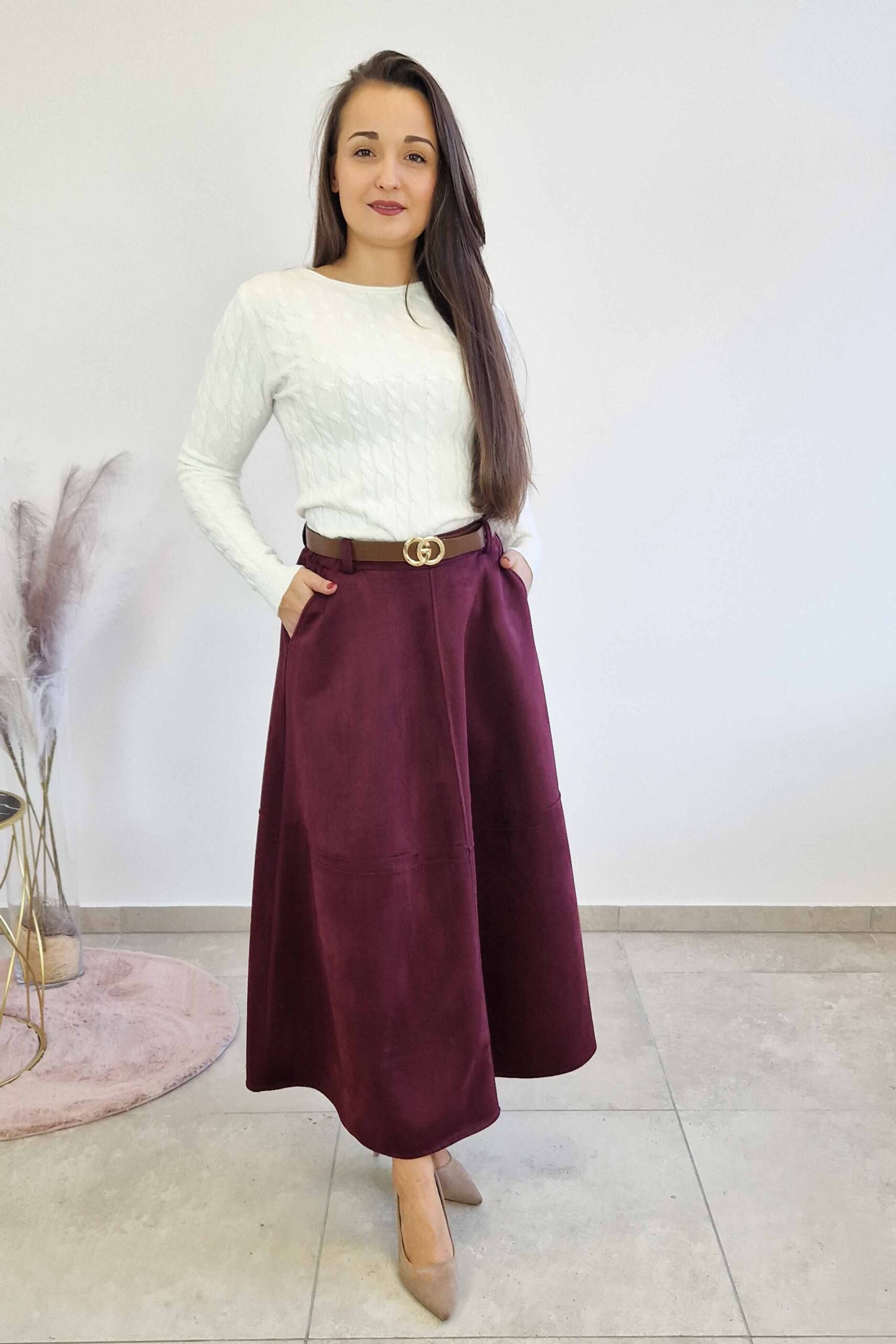 Sklep internetowy NeliNo Długa Spódnica Maxi z Zamszu Bordowa