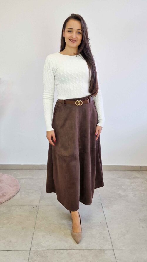 Długa Spódnica Maxi z Zamszu Czekoladowa