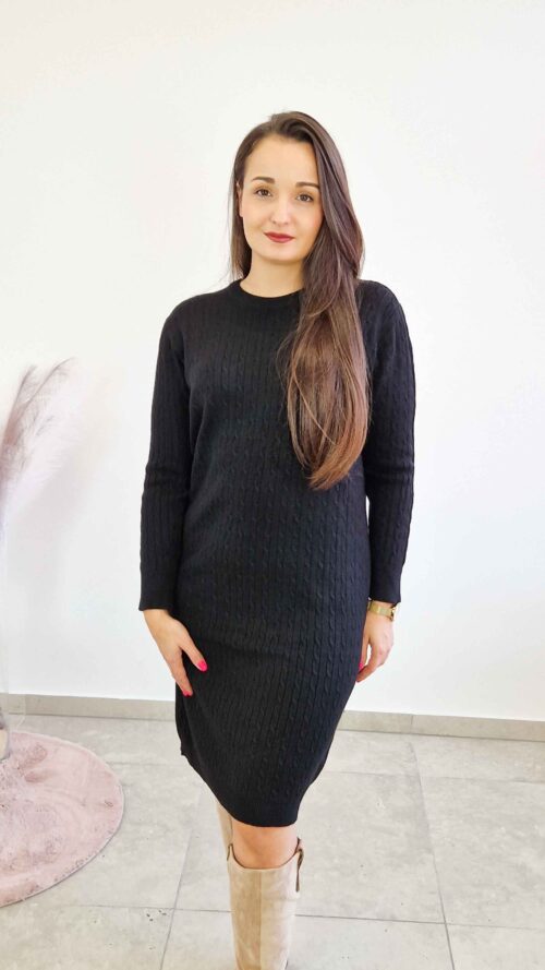 Dopasowana Sukienka Sweterkowa Warkocz Czarna