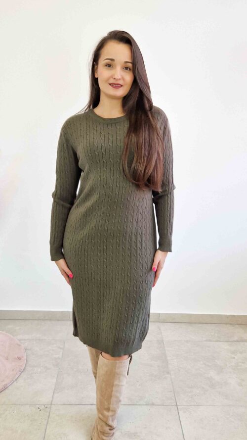 Dopasowana Sukienka Sweterkowa Warkocz Oliwkowa