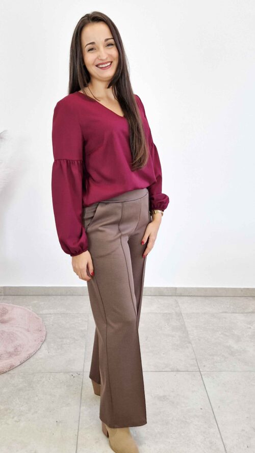 Elegancka Bluzka Damska Blue z Bufiastymi Rękawami Bordowa