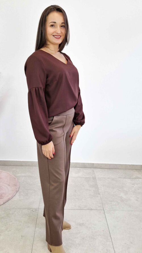 Elegancka Bluzka Damska Blue z Bufiastymi Rękawami Czekoladowa