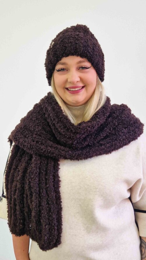 Komplet Zimowy Czapka Szalik Damski Czekoladowy