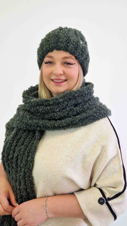 Komplet Zimowy Czapka Szalik Damski Oliwkowy