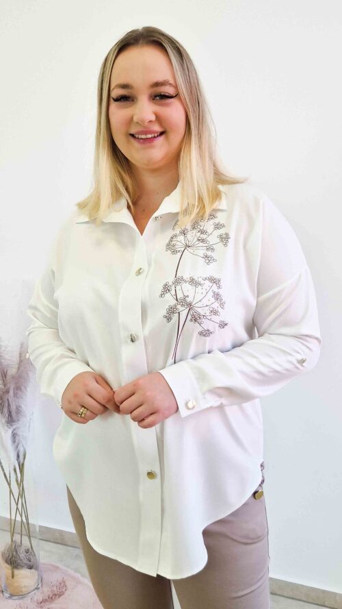 Koszula Damska z Ozdobnym Haftem Podpinany Rękaw Biała