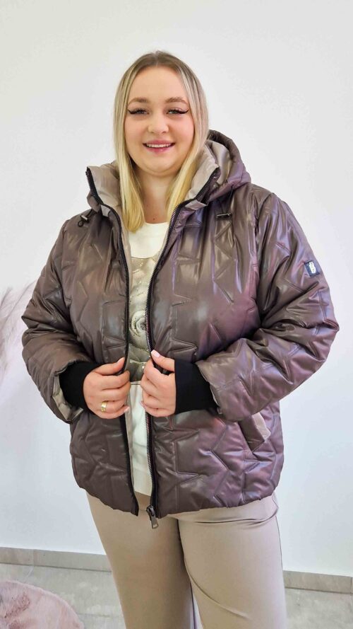 Krótka Kurtka Zimowa Damska z Odpinanym Kapturem Czekoladowa