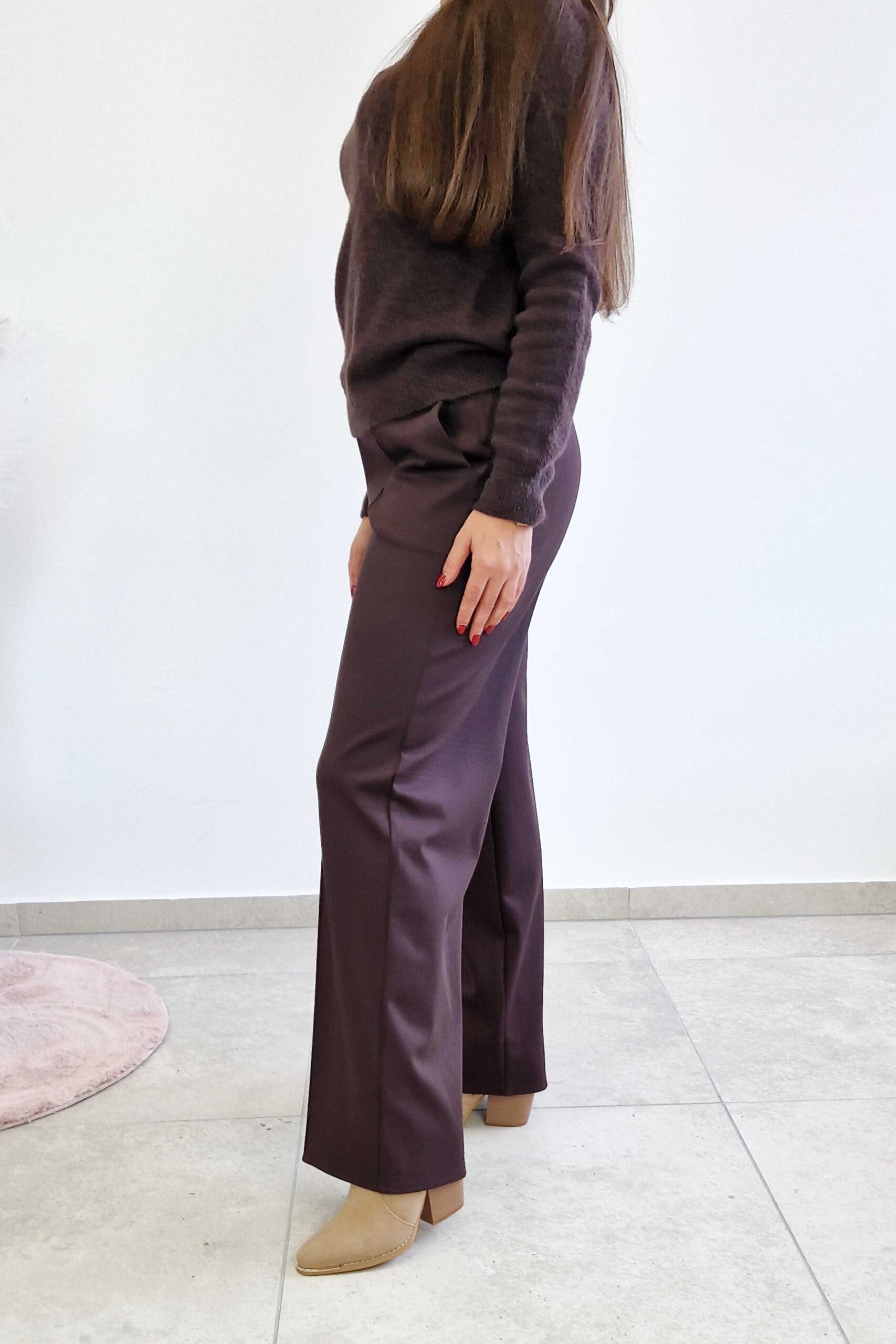 Sklep internetowy NeliNo Simili Spodnie Damskie z Szeroką Nogawką w Kant Czekoladowe - obrazek 2