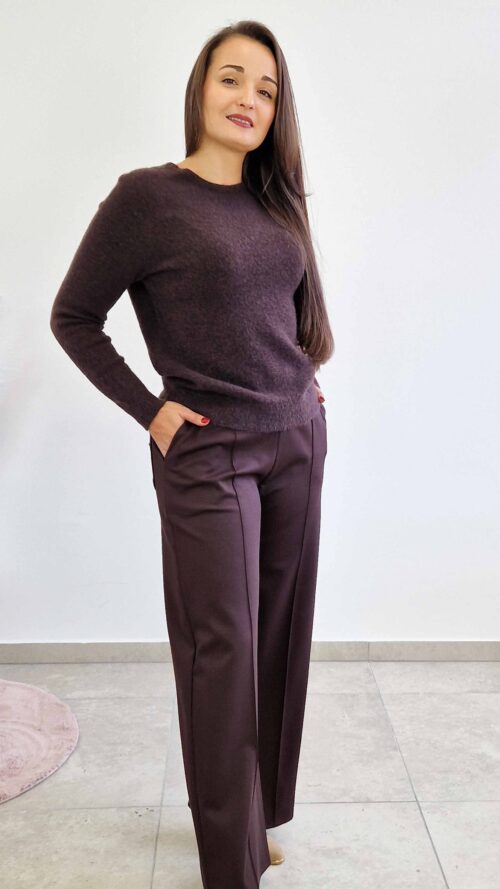 Simili Spodnie Damskie z Szeroką Nogawką w Kant Czekoladowe