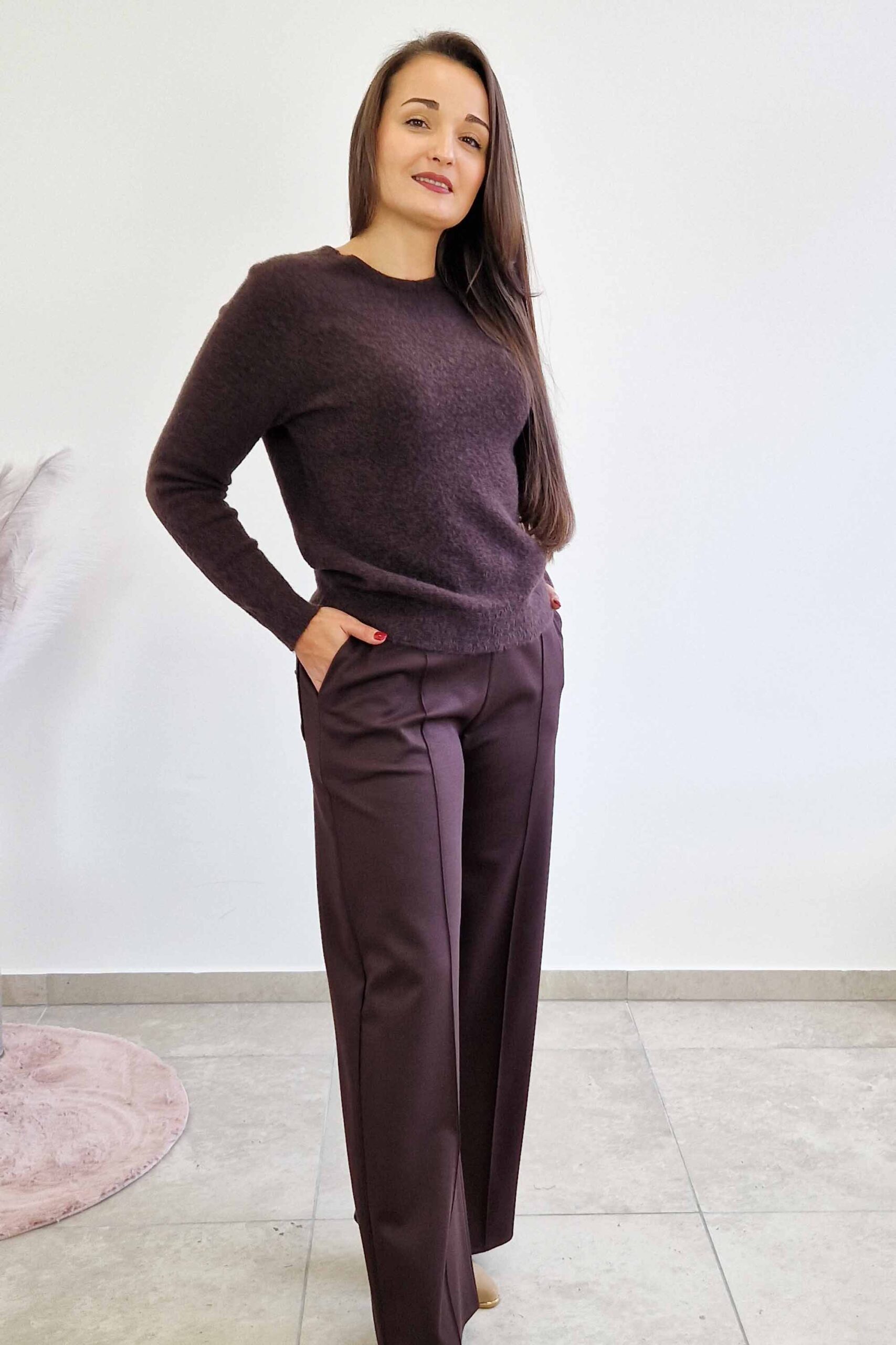 Sklep internetowy NeliNo Simili Spodnie Damskie z Szeroką Nogawką w Kant Czekoladowe