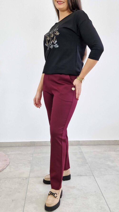 Simili Spodnie Damskie ze Zwężaną Nogawką Bordowe