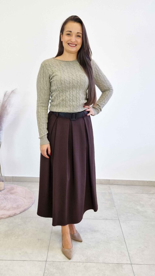 Spódnica Maxi z Kontrafałdami i Paskiem Czekoladowa
