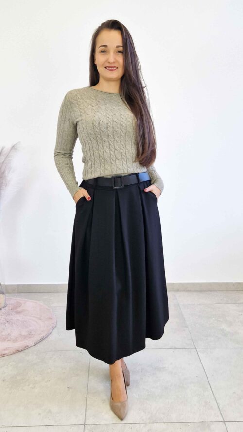 Spódnica Maxi z Kontrafałdami i Paskiem Czarna