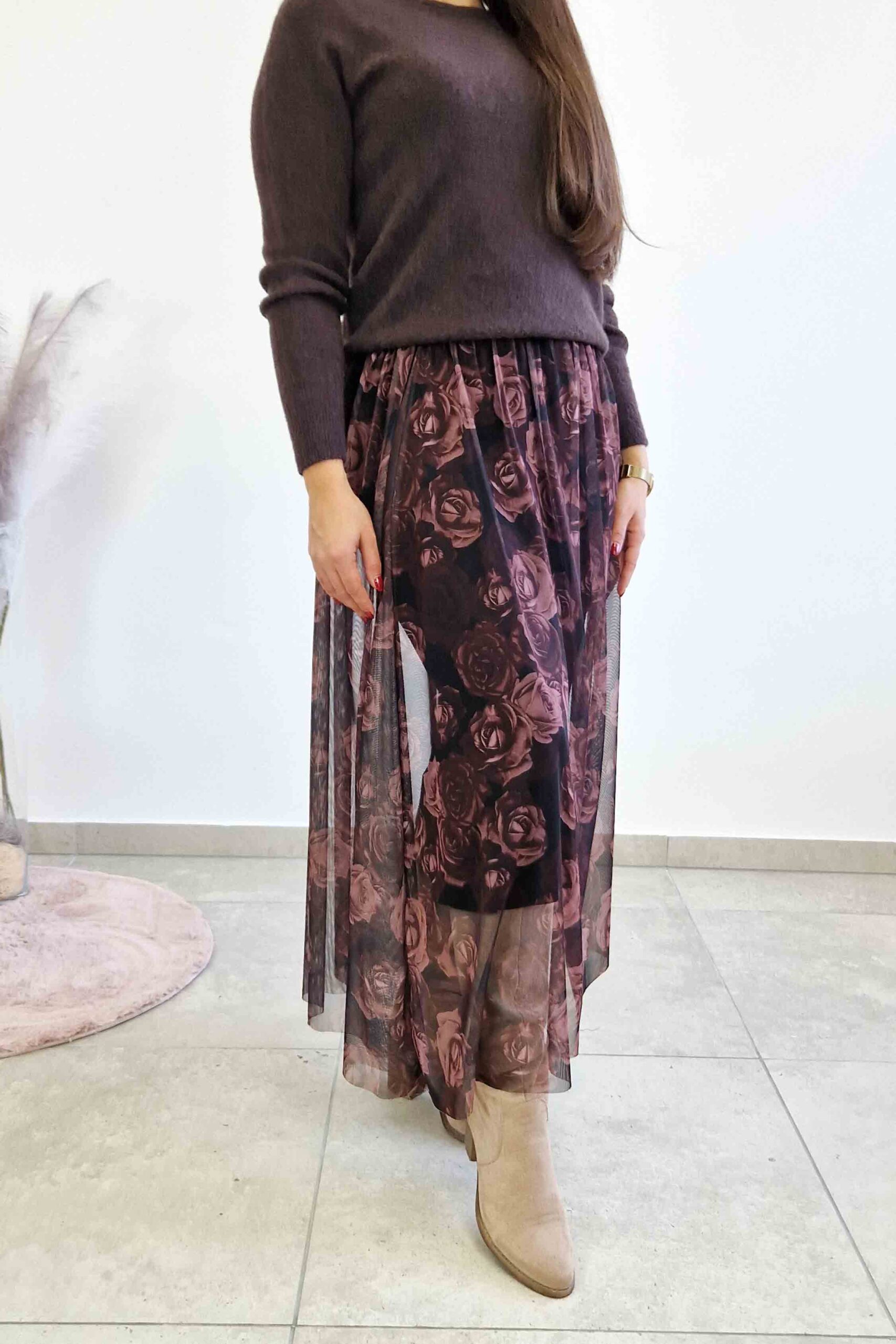 Sklep internetowy NeliNo Spódnica Maxi z Siateczki w Kwiaty Śliwkowa - obrazek 3