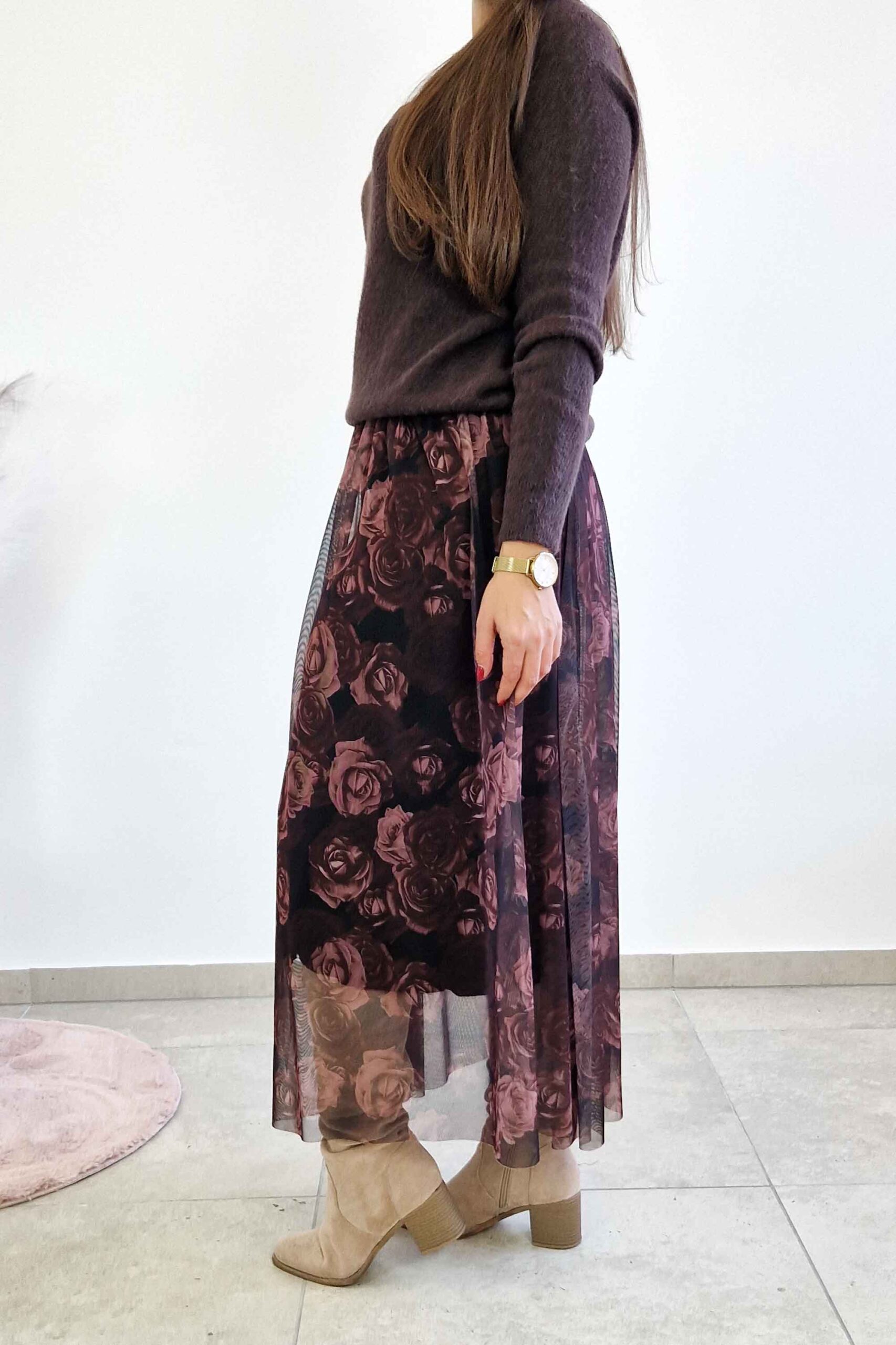 Sklep internetowy NeliNo Spódnica Maxi z Siateczki w Kwiaty Śliwkowa - obrazek 4