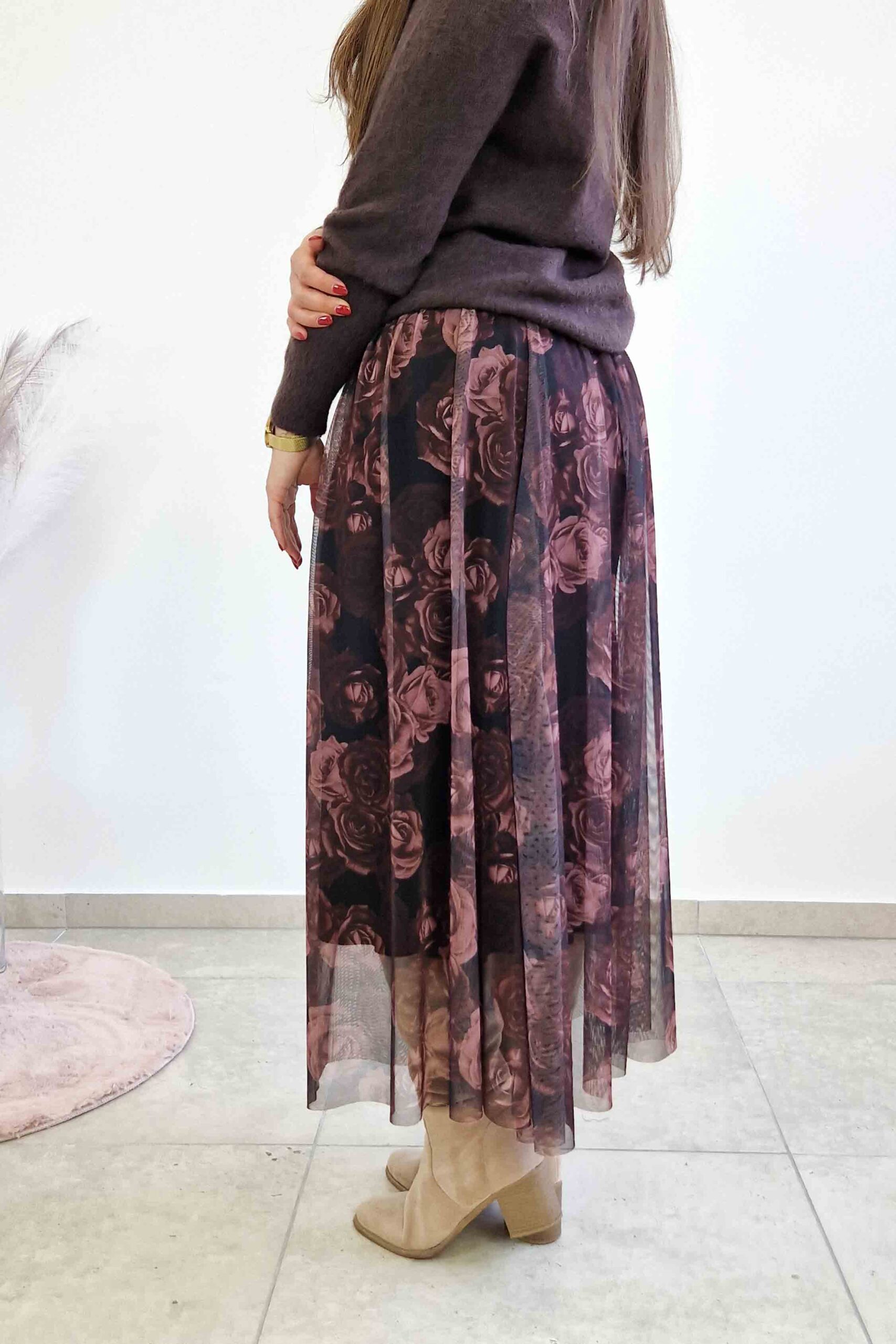 Sklep internetowy NeliNo Spódnica Maxi z Siateczki w Kwiaty Śliwkowa - obrazek 2