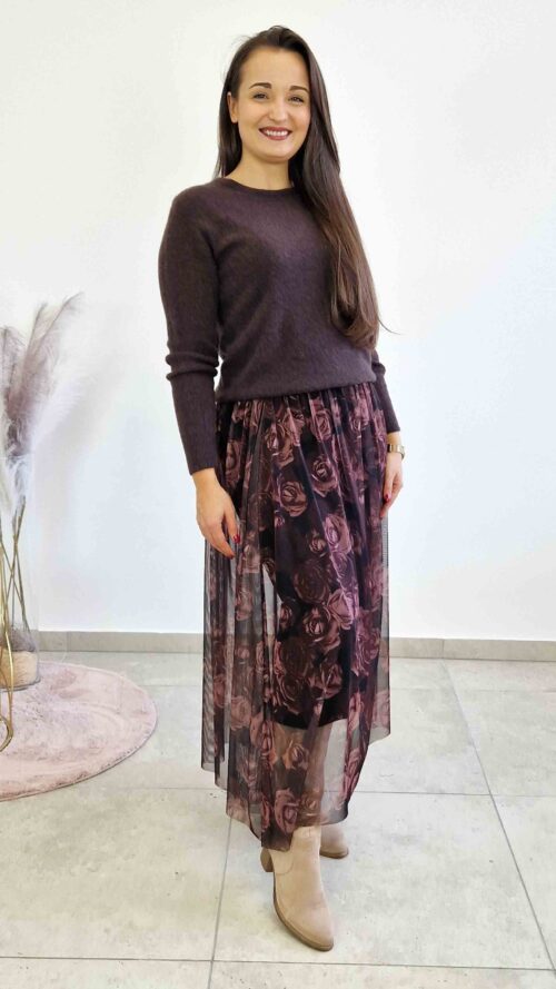 Spódnica Maxi z Siateczki w Kwiaty Śliwkowa