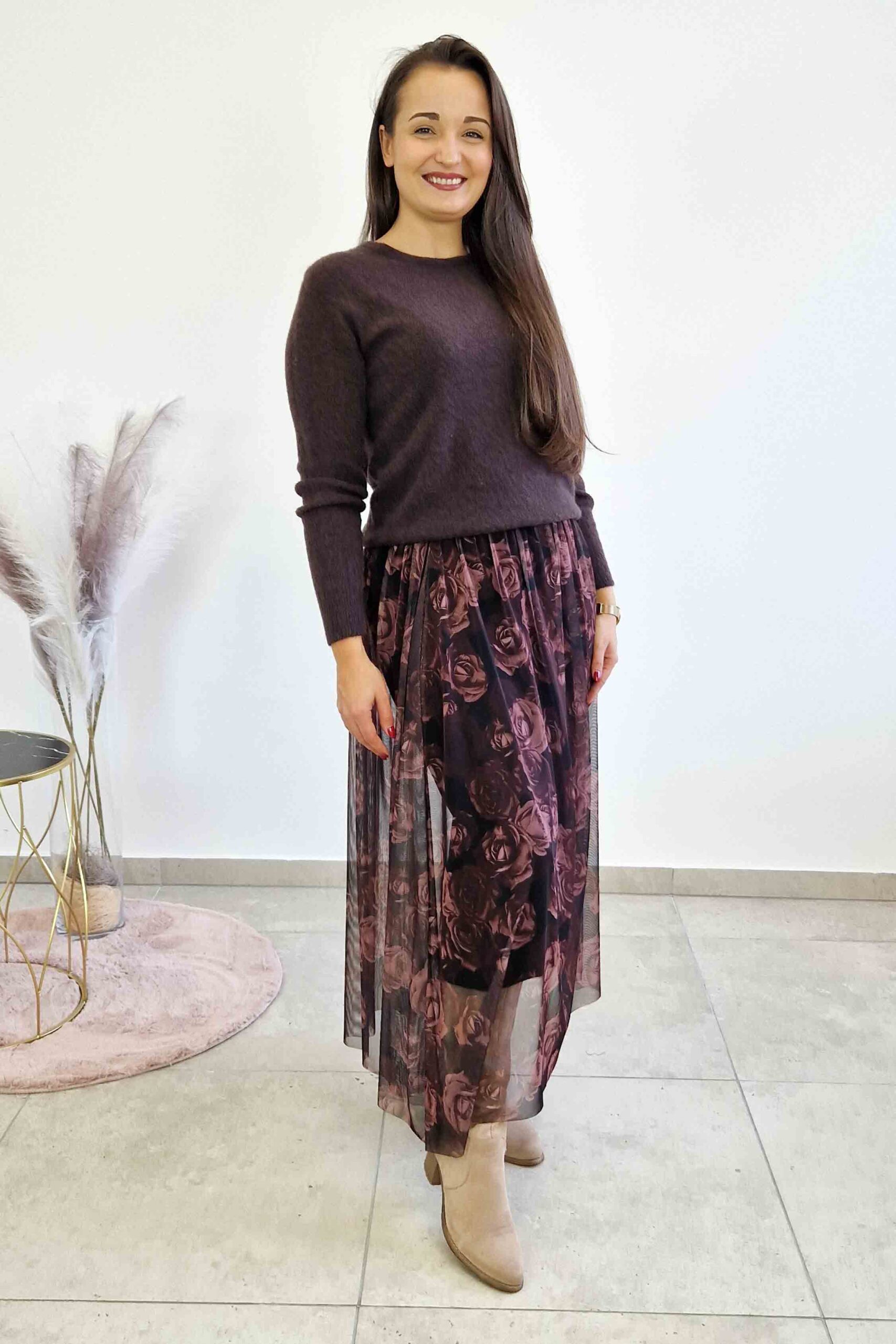 Sklep internetowy NeliNo Spódnica Maxi z Siateczki w Kwiaty Śliwkowa