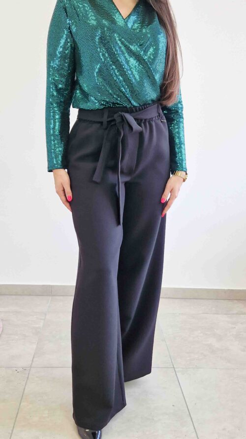 Spodnie Damskie na Gumce z Szeroką Nogawką Czarne