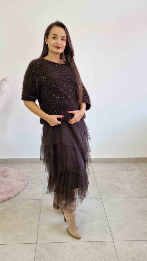 Sukienka Halka z Tiulem i Frędzlami Czekoladowa