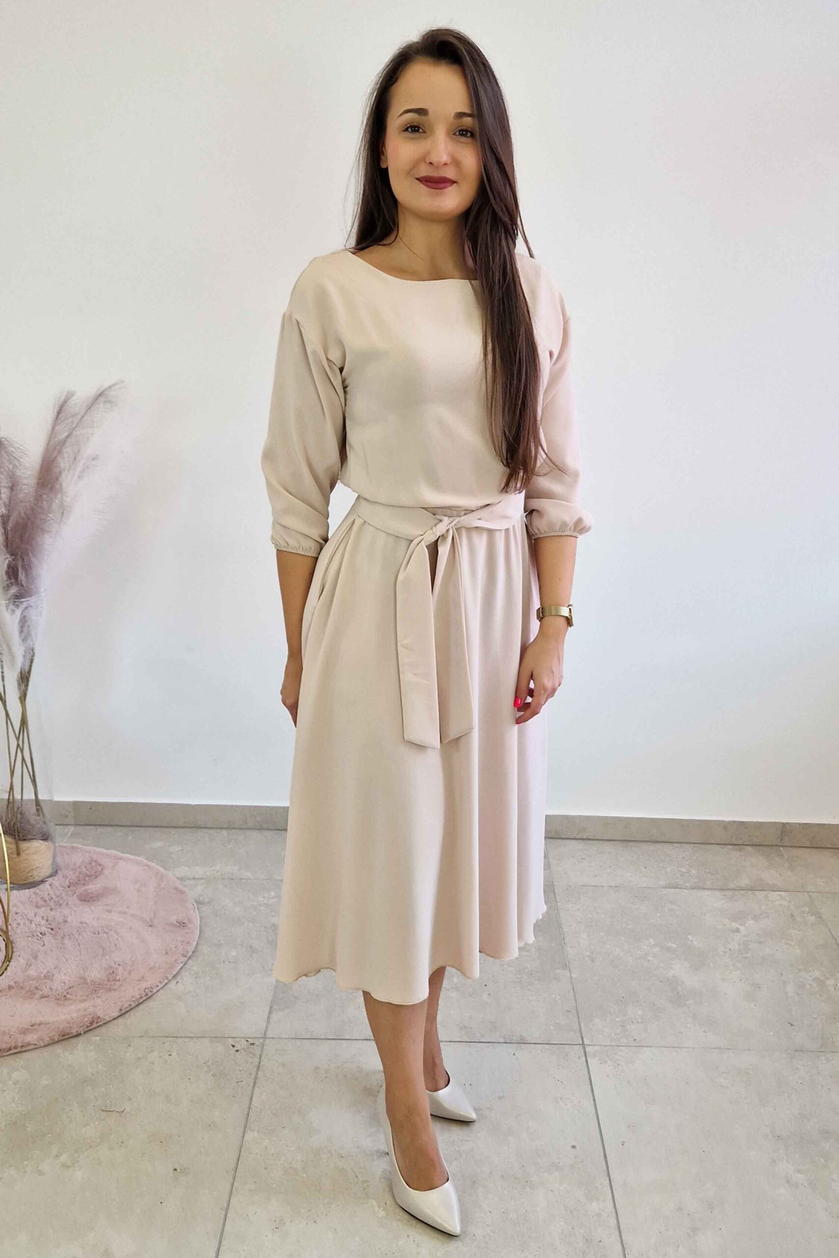 Sklep internetowy NeliNo Sukienka Midi na Specjalne Okazje Beżowa