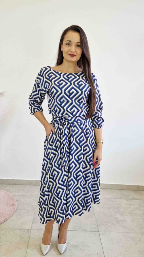 Sukienka Midi na Specjalne Okazje Beżowo-Granatowa we Wzór