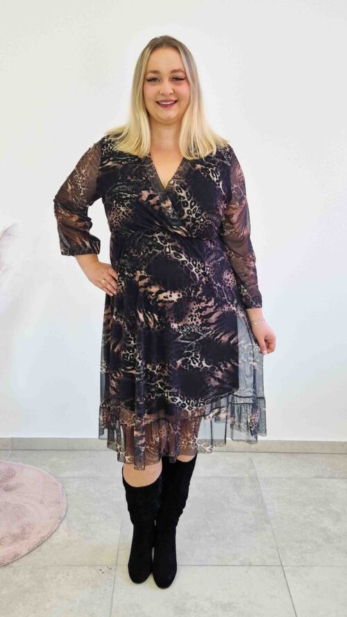 Sukienka Midi Siateczka w Panterkowy Wzór Przezroczysty Rękaw Czarno Brązowa