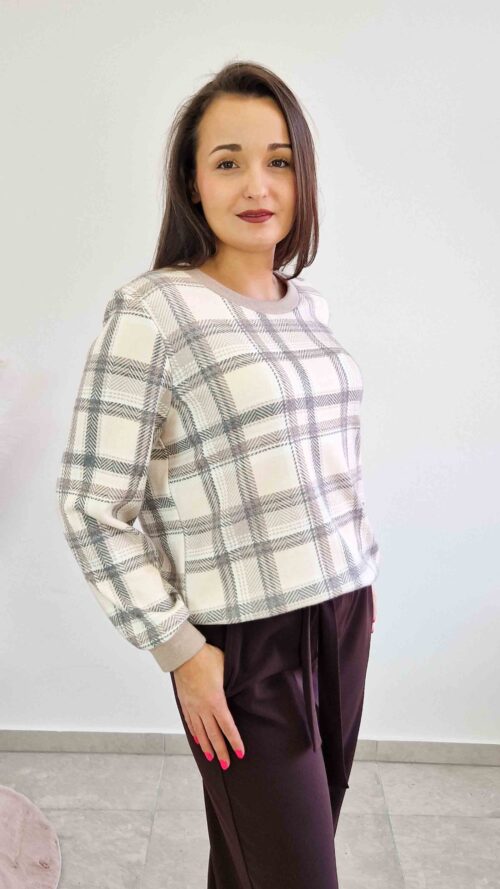 Sweter Damski Kratka Długi Rękaw Kremowo-Beżowo-Popielaty