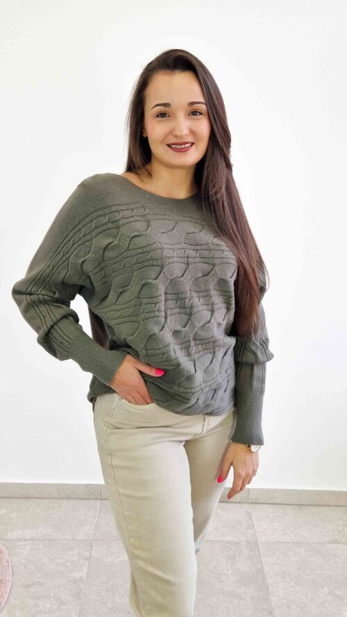 Sweter Damski w Warkocz Długi Rękaw Oliwkowy