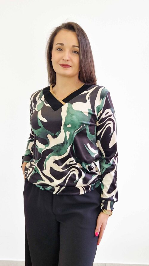 Sweter Damski Welurowy Moro Długi Rękaw Zielono-Czarny