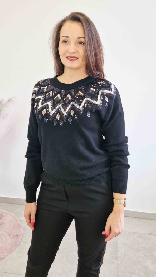 Sweter Damski z Cekinami Długi Rękaw Czarny