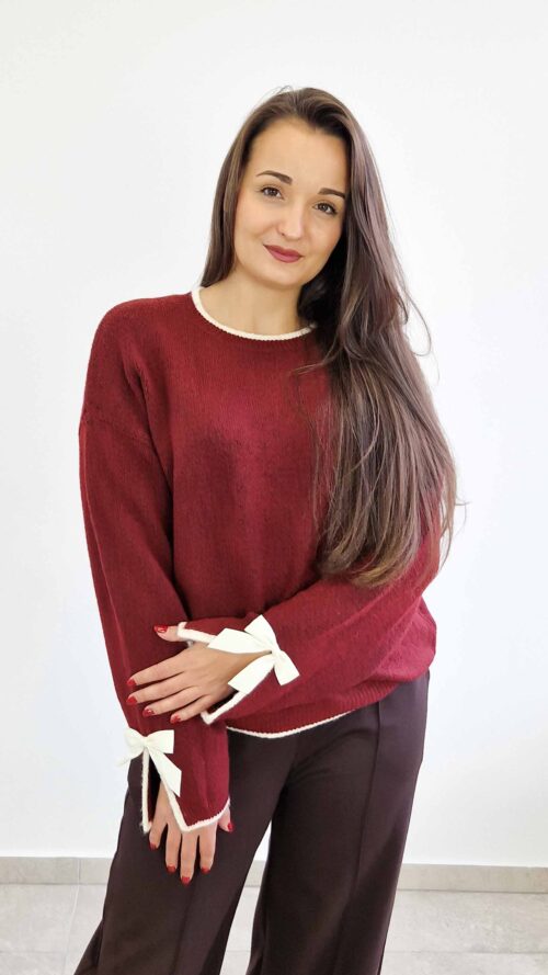 Sweter Damski z Długim Rękawem i Ozdobną Wstążką Bordowy