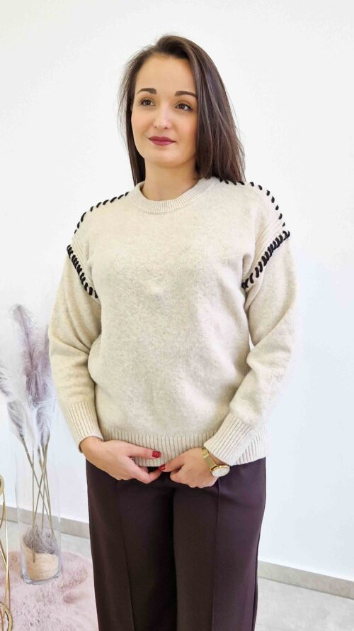 Sweter Damski z Długim Rękawem Ozdobnymi  Przeszyciami Beżowy