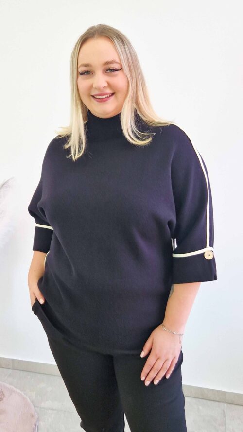 Sweter Golf Damski z Lampasem i Rękawem 3/4 Czarny