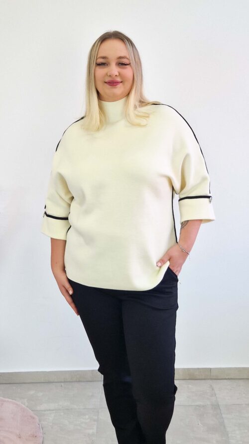 Sweter Golf Damski z Lampasem i Rękawem 3/4 Kremowy