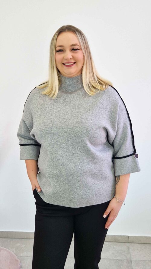 Sweter Golf Damski z Lampasem i Rękawem 3/4 Popielaty