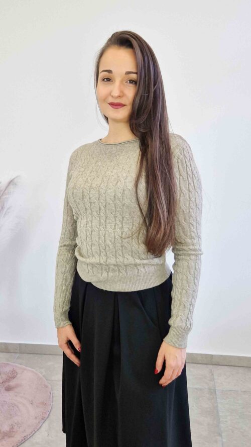 Sweter Damski ze Splotem Warkocz Długi Rękaw Beżowy