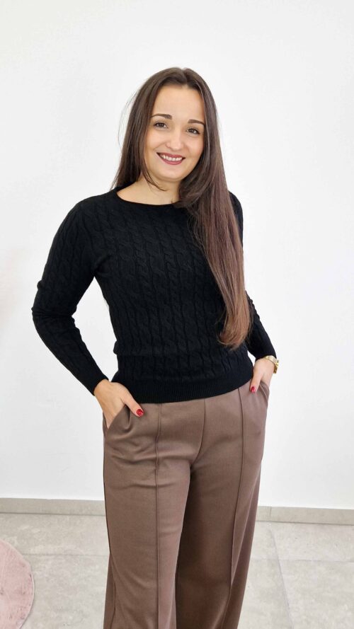 Sweter Damski ze Splotem Warkocz Długi Rękaw Czarny