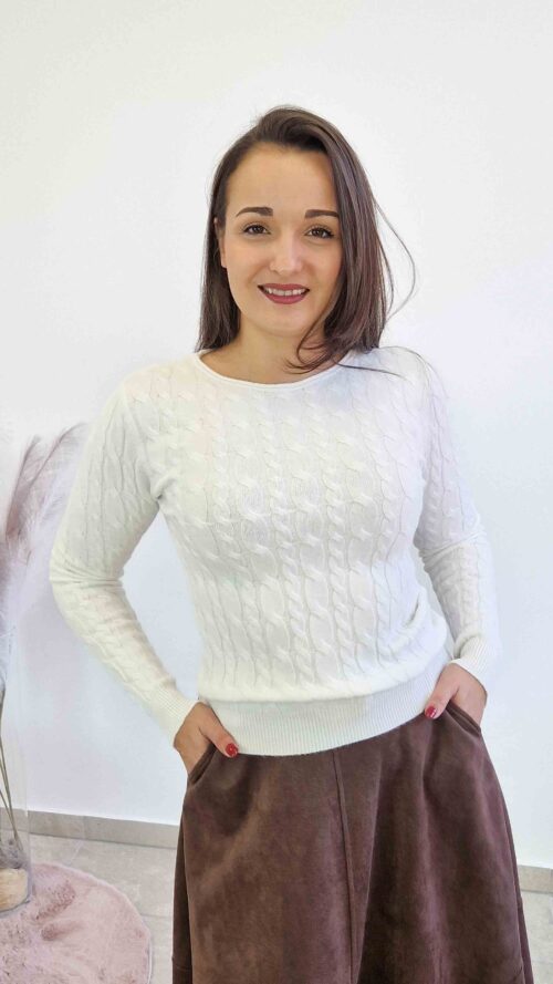 Sweter Damski ze Splotem Warkocz Długi Rękaw Kremowy